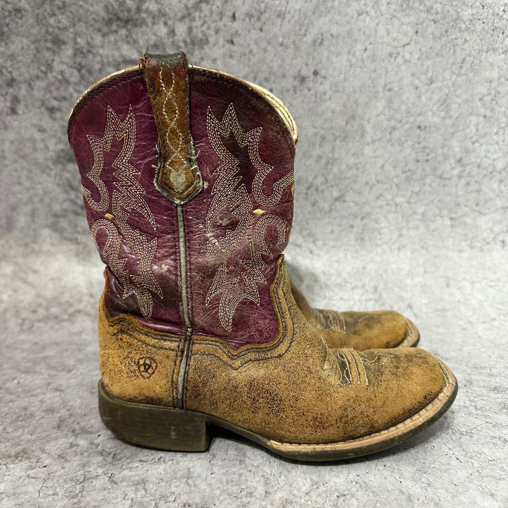 Ariat Tombstone Western Boots Kids Size‎ 11 Brown Purple Leather Square Toe 4LR